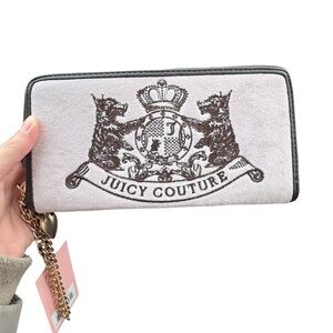 Juicy Couture Cream and Brown Embroidered Crest Zip Wallet with Chain Charm